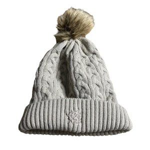 AJM International Women's Taupe Maple Leaf Pom Pom Cable Knit Hat